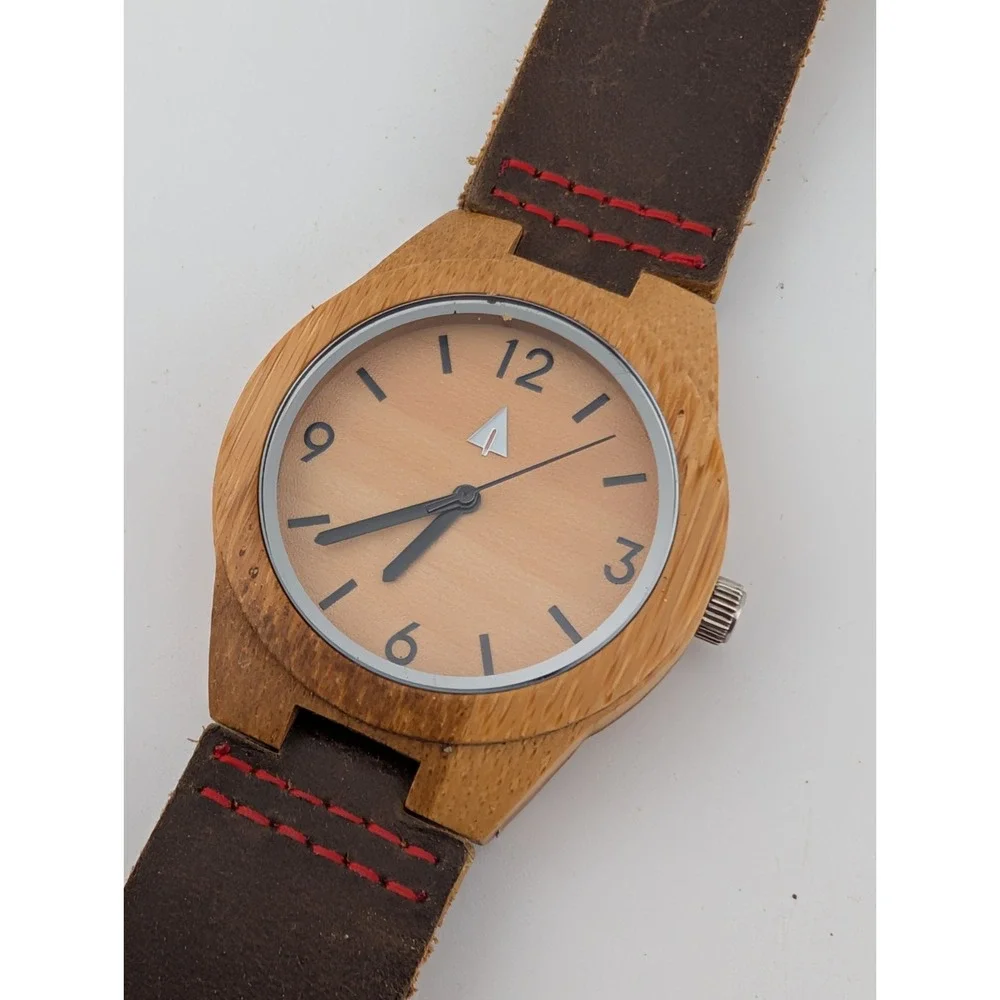 Treehut Bamboo Watch Men 39mm Case Brown Leather Band- New Battery
